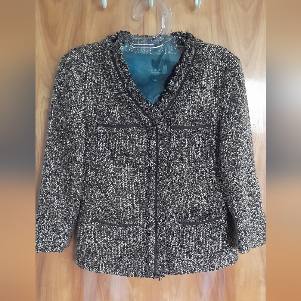 Talbots Tweed Jacket Size 2  Blazer Crest Button Brown White Fringed Pocket
